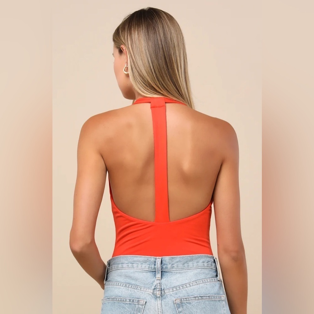 Lulus Boldly Blooming Bright Orange Halter Bodysuit - Picture 2 of 9